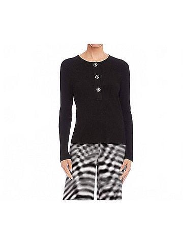 Karen Kane Long Sleeve Ribbed Flower Button Detail Top in Black (view 2)