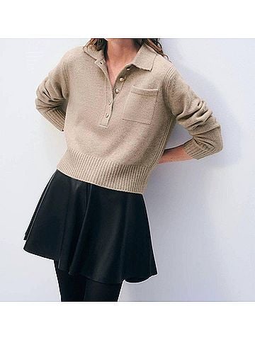 White + Warren Cashmere Gold Button Polo in Warm Camel (view 2)