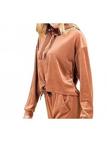 Gilli Velvet Boxy Hooded Top in Brick Brown (view 2)
