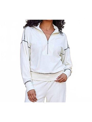 Karen Kane Half-Zip Contrast Stitch Pullover Top in Cream (view 2)