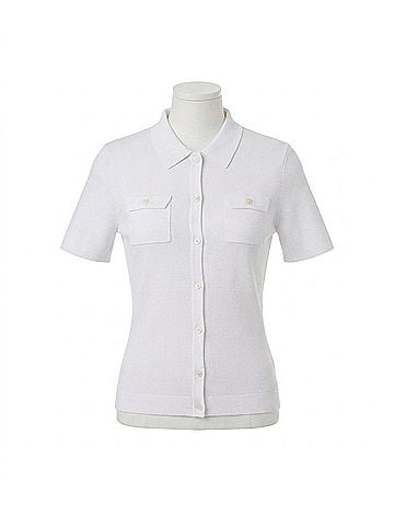 Minnie Rose Short Sleeve Collared Shirt With Pockets in White (view 1)
