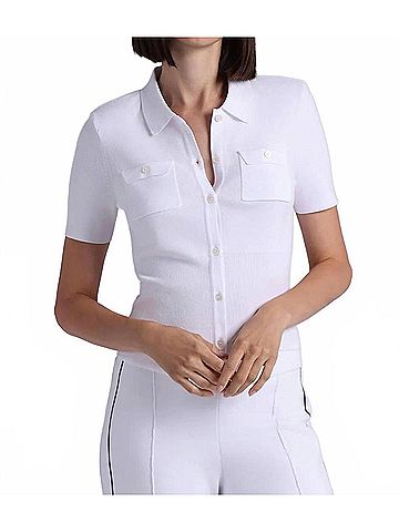 Minnie Rose Short Sleeve Collared Shirt With Pockets in White (view 2)