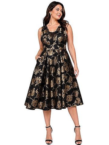 New York & Company Gold Floral Jacquard Fit &amp; Flare Cocktail Dress (view 1)