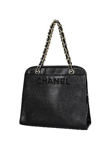 Chanel Chanel logo chain tote bag, caviar leather, black, A08913, women's. (view 1)