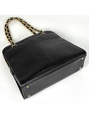 Chanel Chanel logo chain tote bag, caviar leather, black, A08913, women's. (view 2)