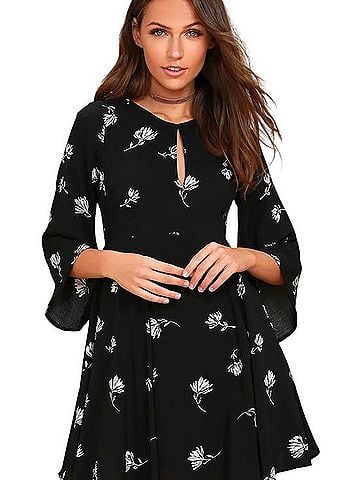 Others Follow Black Floral Keyhole Fit &amp; Flare Dress Casual Dress (view 1)