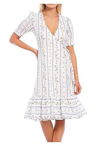 Antonio Melani Linen Floral Stripe Wrap Midi Dress Casual Dress (view 1)