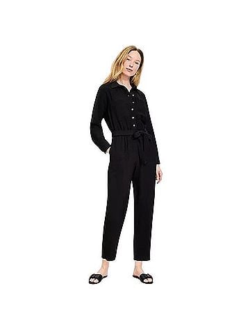 LOFT The Original Classic Black Button-Front Long Sleeve Jumpsuit Jumpsuit (view 1)