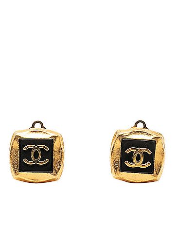 Chanel Chanel Coco Mark Vintage Square Earrings 95A Gold Black Plated Women's CHANEL (view 1)
