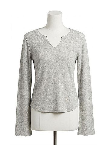 Bobi Fiona Split Neck Pullover Top in Heather Grey (view 1)