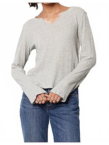 Bobi Fiona Split Neck Pullover Top in Heather Grey (view 2)