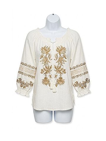 Paparazzi Linen Blend Embroidered Peasant Shirt in White (view 1)