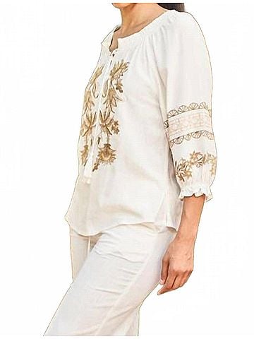 Paparazzi Linen Blend Embroidered Peasant Shirt in White (view 2)