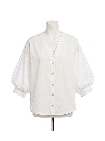 Karen Kane Lantern Sleeve Pearl Button Top Petite in Off White (view 1)