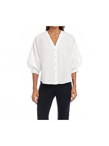 Karen Kane Lantern Sleeve Pearl Button Top Petite in Off White (view 2)