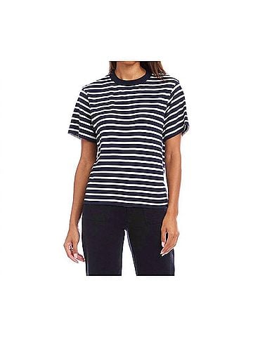 Karen Kane Stripe Short Sleeve Top Petite in Navy With White (view 2)