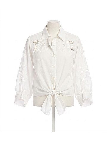 Karen Kane Blouson Sleeve Embroidered Tie-Front Top in Off White (view 1)