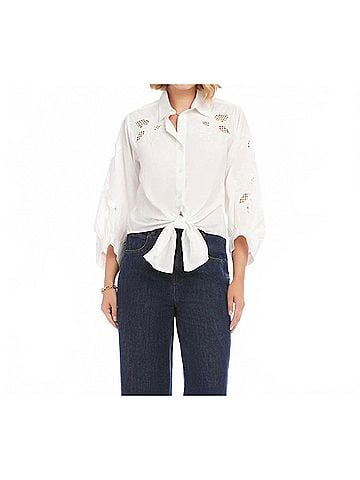 Karen Kane Blouson Sleeve Embroidered Tie-Front Top in Off White (view 2)