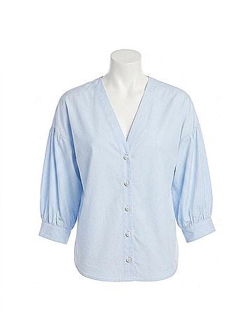 Karen Kane Lantern Sleeve Pearl Button Top in Light Blue (view 1)