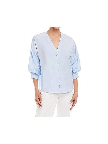 Karen Kane Lantern Sleeve Pearl Button Top in Light Blue (view 2)