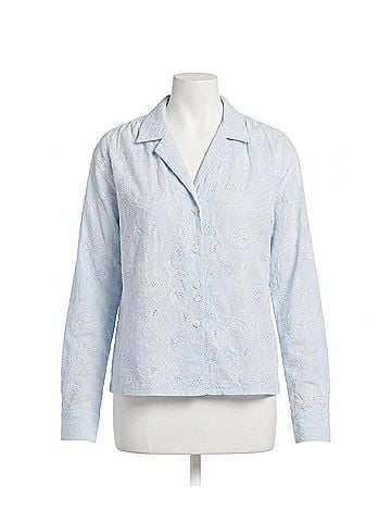 Karen Kane Stripe Long Sleeve Embellished Button-Up Shirt in Off White And Blue (view 1)