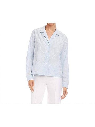 Karen Kane Stripe Long Sleeve Embellished Button-Up Shirt in Off White And Blue (view 2)