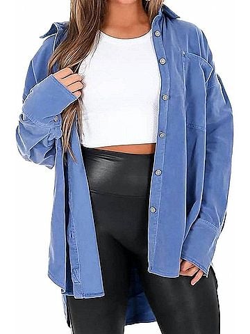 Free People Baby Cord Button Down Shirt Jacket in Electric Indigo (view 2)
