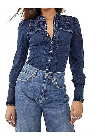 Free People Going Somewhere Longsleeve Blouse in Stormy Navy (view 2)
