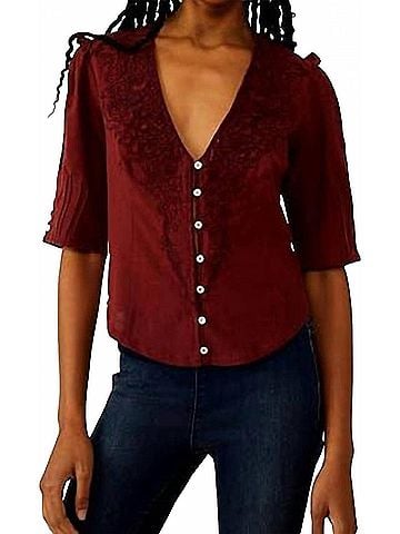 Free People Cotton Embroidered Blouse in Red (view 2)