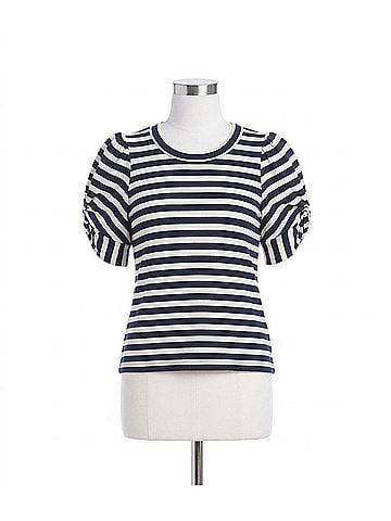 Karen Kane Nayeli Stripe Twist- Sleeve Top in Navy/White (view 1)