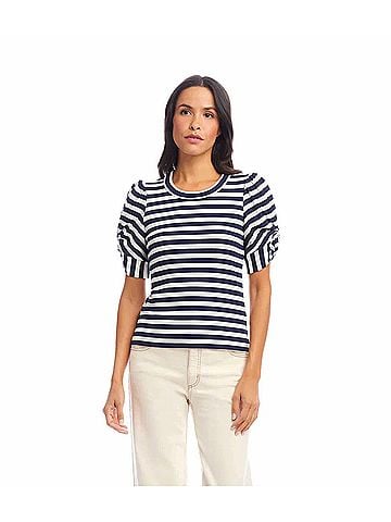 Karen Kane Nayeli Stripe Twist- Sleeve Top in Navy/White (view 2)