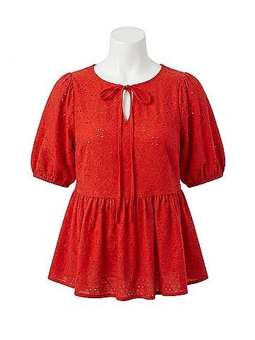 Gilli Ava Front Tie Baby Doll Top in Red Eyelet (view 1)