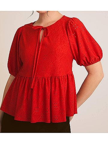Gilli Ava Front Tie Baby Doll Top in Red Eyelet (view 2)