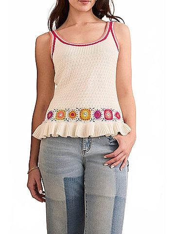 Tribal Sasi Scoop Neck Crochet Detail Sweater Tank in White (view 2)