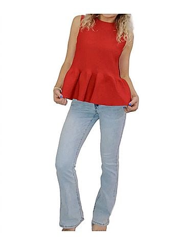 Entro Crewneck Sleeveless Peplum Top in Red (view 2)
