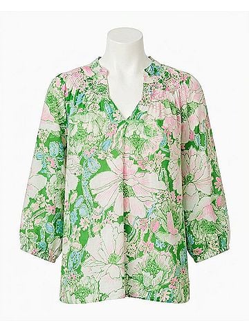 Lilly Pulitzer Lourdes 3/4 Sleeve Cotton Top in Putting Green/Poppy Land (view 1)