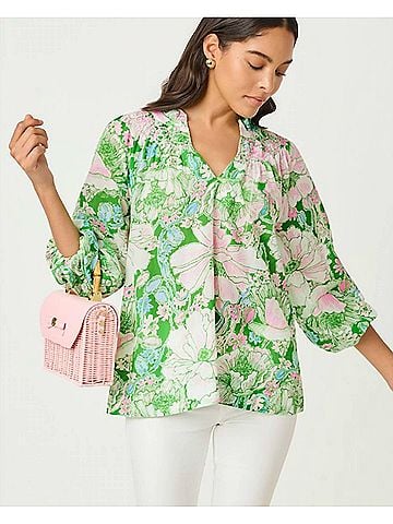 Lilly Pulitzer Lourdes 3/4 Sleeve Cotton Top in Putting Green/Poppy Land (view 2)