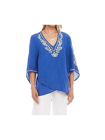 Karen Kane Bracelet Sleeve Embroidered Asymmetric Top in Blue (view 2)