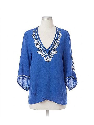 Karen Kane Bracelet Sleeve Embroidered Asymmetric Top in Blue (view 1)