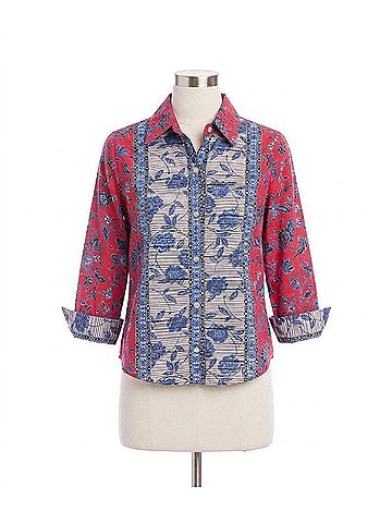 Karen Kane Ruched Sleeve Border Print Shirt in Red (view 1)