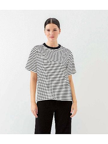Karen Kane Stripe Short Sleeve Top in Ivory With Black (view 2)