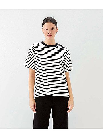 Karen Kane Stripe Short Sleeve Top in Ivory With Black (view 2)