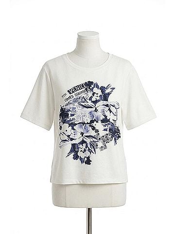 Joseph Ribkoff Front Print Straight T-Shirt With Rhinestones in White (view 1)