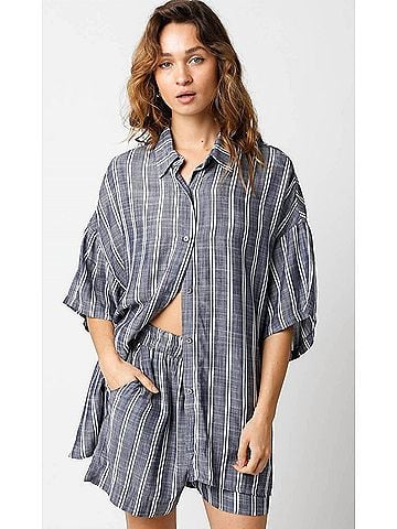 Olivaceous Olivia Short Sleeve Button Down Top in Blue (view 2)