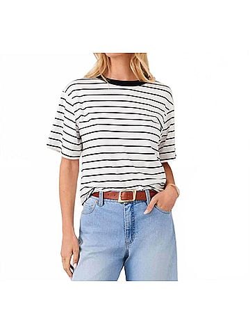 Karen Kane Stripe Short Sleeve Top - Petite Petite in Off White With Black (view 2)