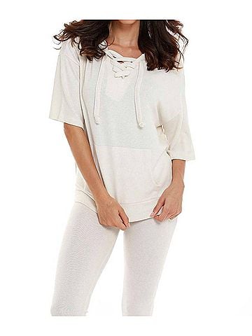 French Kyss Stella Kashmira Short Sleeve Hoodie in Beige (view 2)