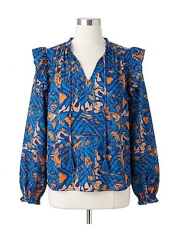 Flying Tomato Liz Ikat Print Ruffle Sleeve Blouse in Blue Rust (view 1)