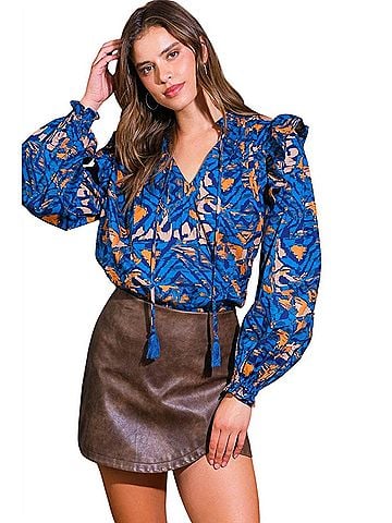 Flying Tomato Liz Ikat Print Ruffle Sleeve Blouse in Blue Rust (view 2)