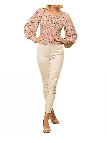 Mystree Smocked Balloon Sleeve Blouse in Mauve (view 2)