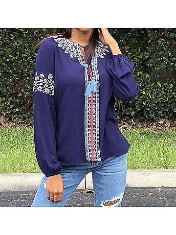 THML Coming Up Daisies Embroidered Top in Navy (view 2)